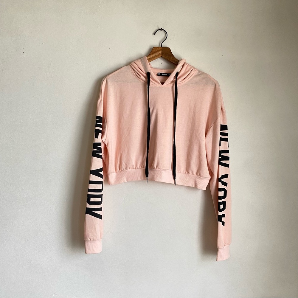 pink cropped new york hoodie